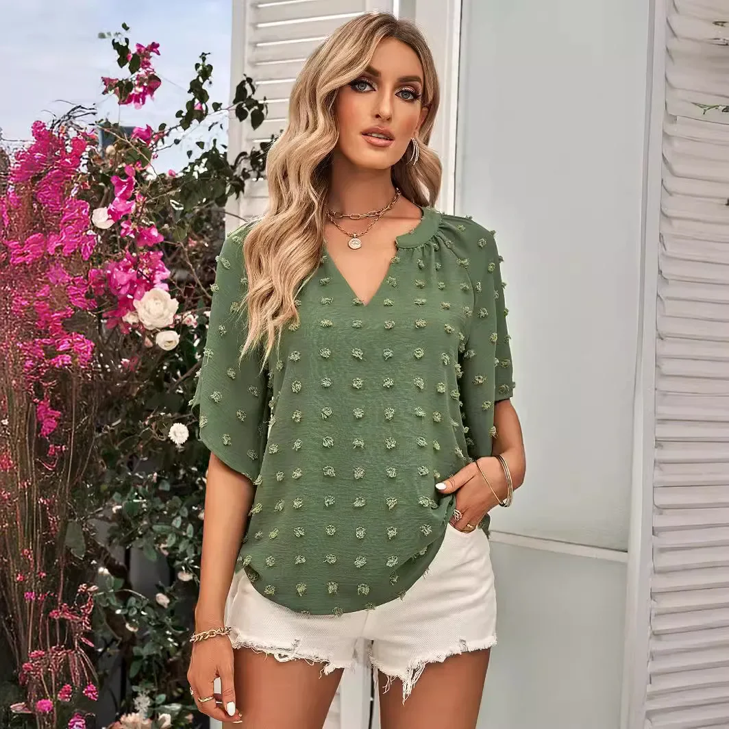 Europe and The United States Spring and Summer New Women's Thin V-neck Solid Color Short-sleeved T-shirt Casual Loose Blouse