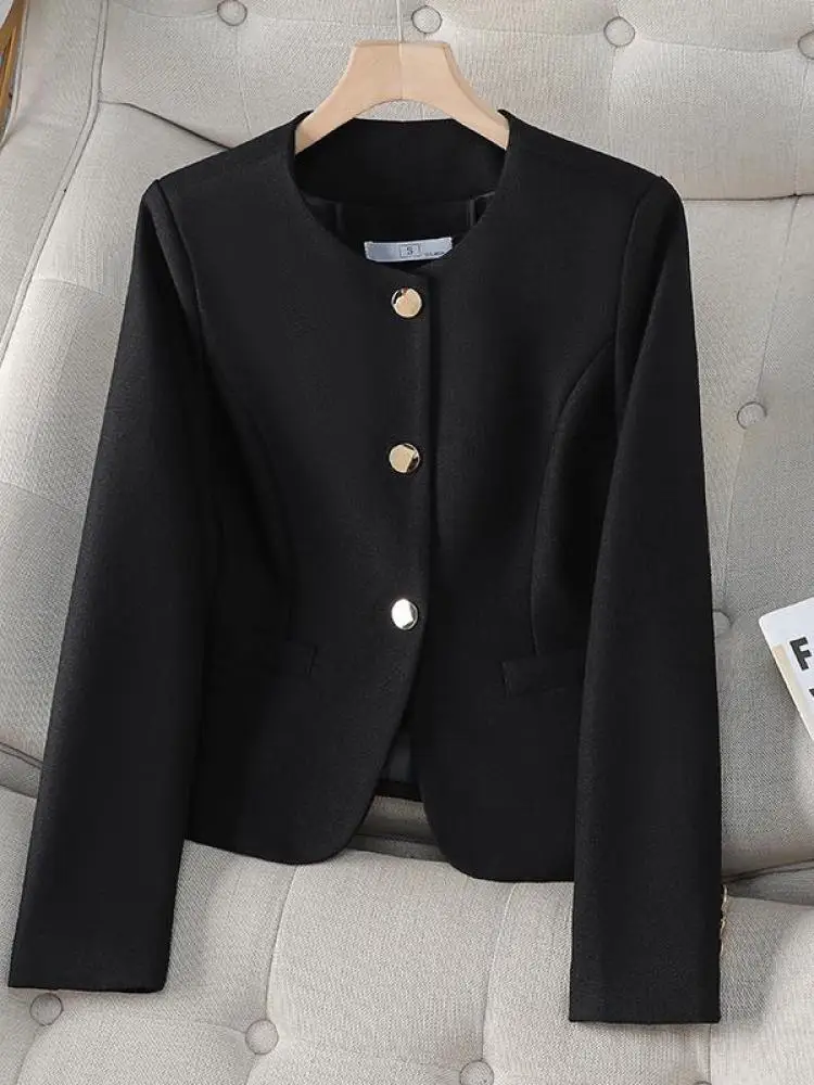 

2023 New Autumn Winter Women's Black Long Sleeve Short Suit Jacket Beige Single Breasted Pink Round Neck Coat Goddess Simplicity