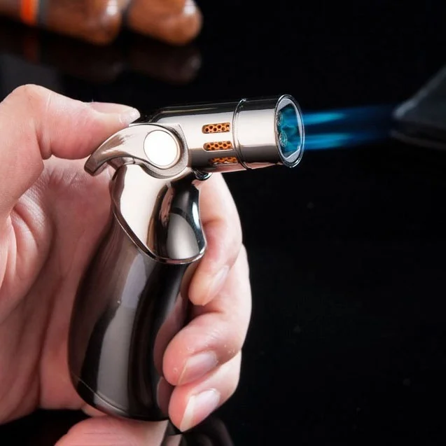 Powerful Triple Torch Lighter Cigar BBQ Lighter Free Fix Fire Windproof Spray Gun Metal Gas Lighter 1300 C(Without Gas)