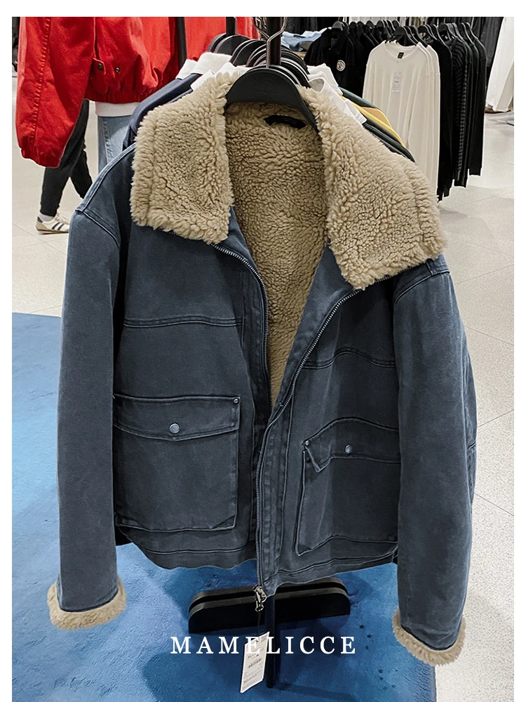 

MAMELICCE Original design Wash denim Turn-down collar Keep warm jacket Thickened Short style Men's clothing Vintage fashion tops