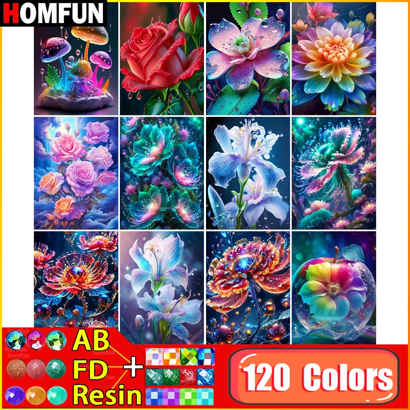 

HOMFUN 120 Colors Diamond Painting AB Fairy Dust Resin "Flower" Pattern DIY 5D Diamond Painting Full Drill Painting