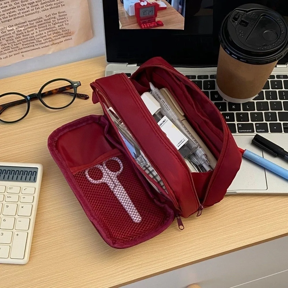 Black Korean Stationery Bag Desktop Storage Wine Red Multilayer Pencil Case Ins Style Cosmetics Card Pen