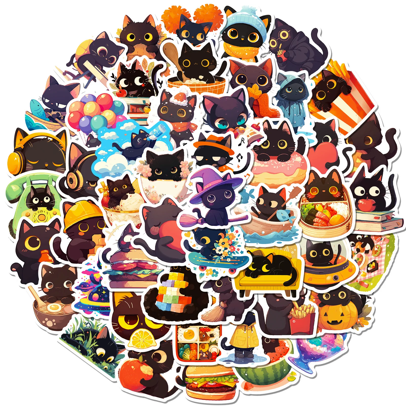 50pcs Daily Life of Black Cats Cartoon Graffiti Stickers DIY Phone Guitar Laptop Notebook Suitcase Waterproof Sticker Kids Toy