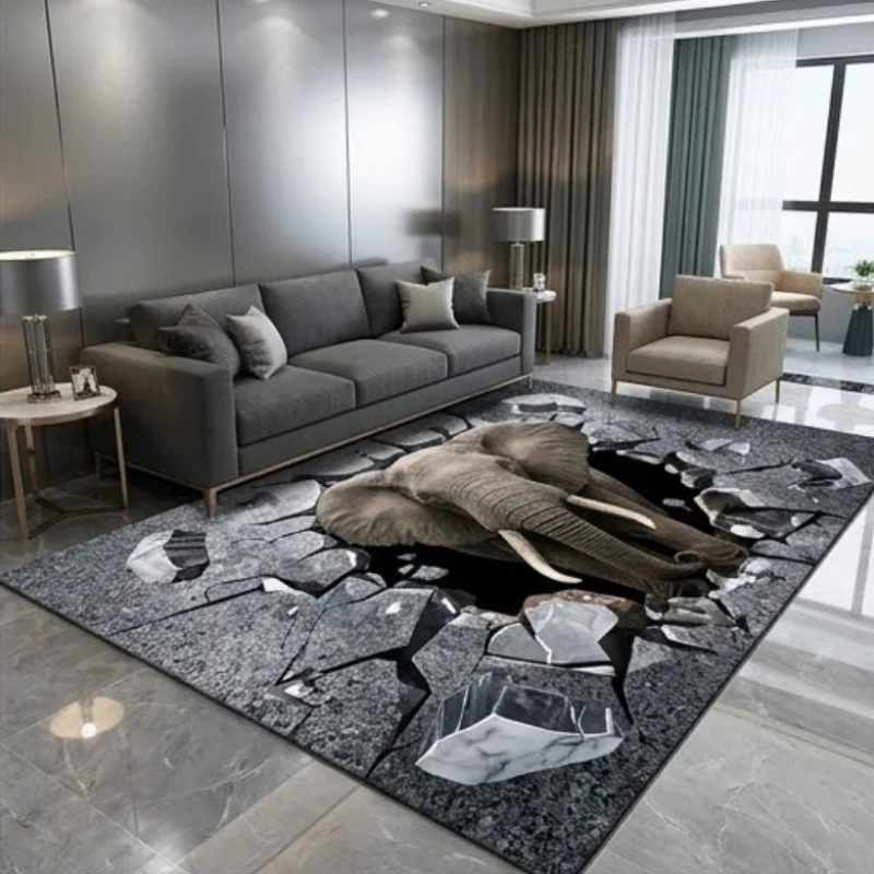 Newest 2D Cracked Stone Animal Large Area Rug, Tiger Elephant Wolf Eagle Printed Floor Carpet for Living Room Indoor Decor
