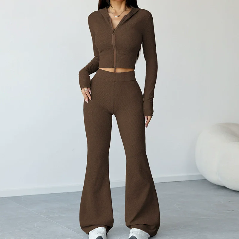 New Autumn Winter Yoga Wear Sets Hooded Zipper Tops Flared Pants Sportswear Sets Women Fashionable Sexy Clothing