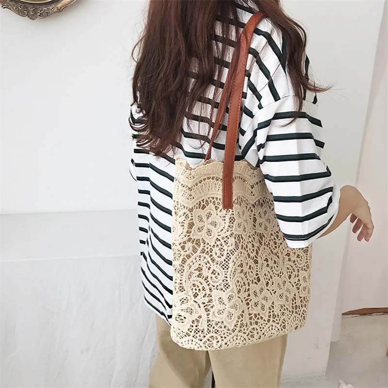 Fashion Bucket Shoulder Bag Female Summer Lace Tote Large Capacity Women\'s Casual Shopping Bag Beach Bag