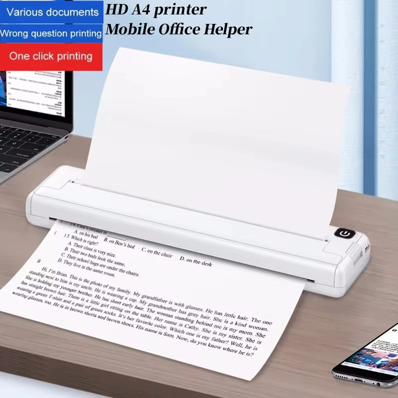 Portable printers wireless A4 thermal printer inkless photo document printer Bluetooth travel printer for Android/Apple/Windows