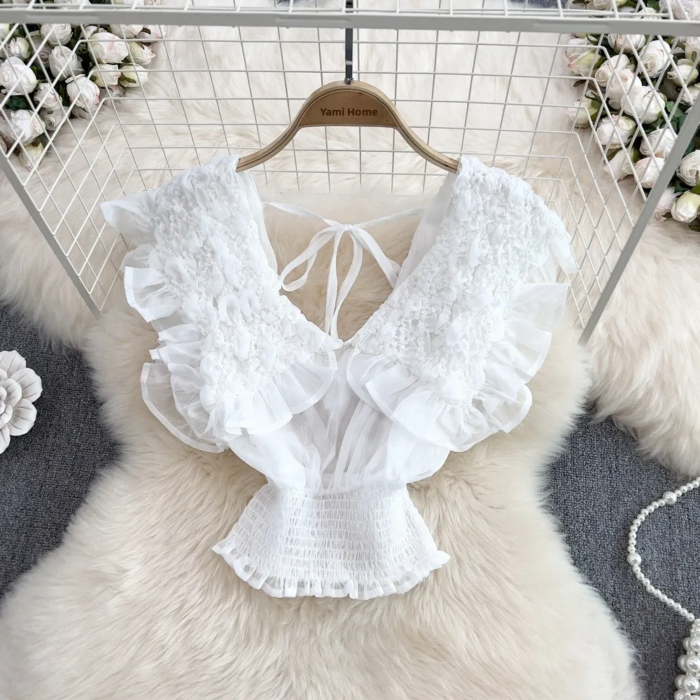 Zomer Nieuwe Sle Koreaanse V-ne Fly Sve Bal Geplooide Elastische Chiffon Dames Faion Taille-cinching ort Top Trendy