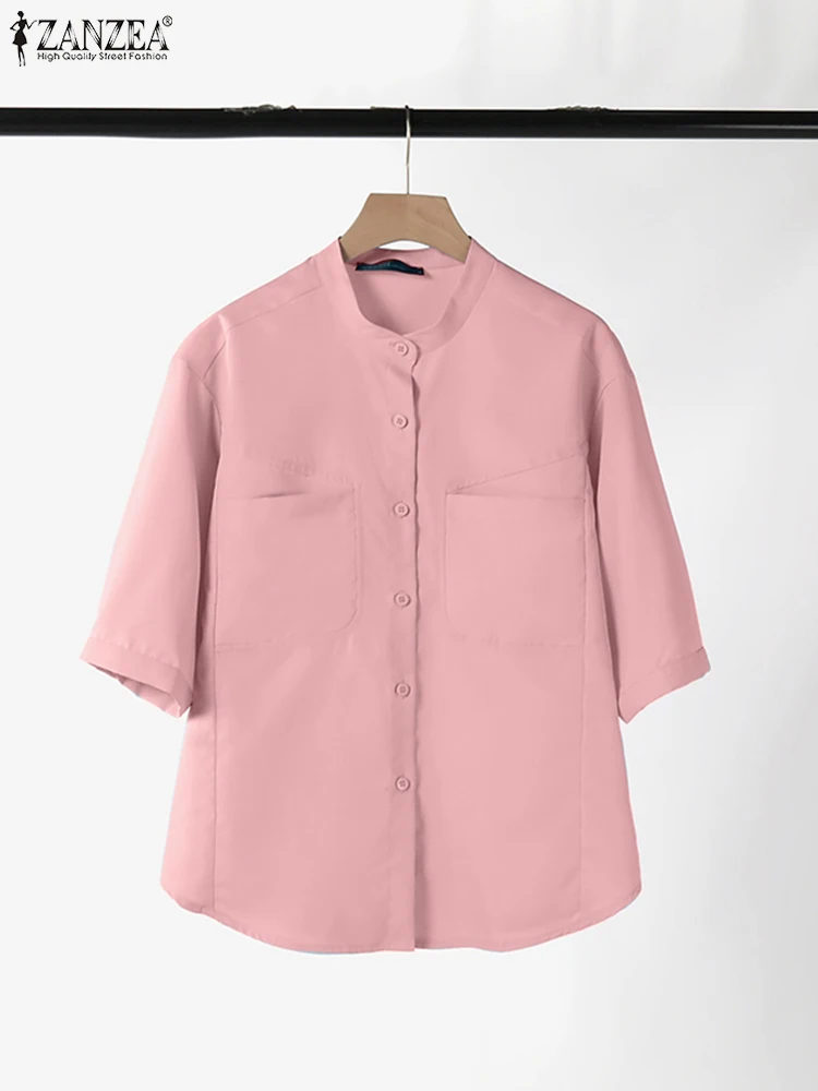 ZANZEA-Chemise boutonnée à manches mi-longues pour femmes, chemise à col montant, chemises de trajet décontractées, mode coréenne, document Y-Solid, été 2024