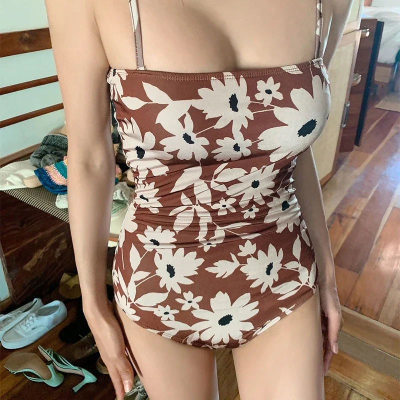 

New 2025 Sexy Korean Sling Bandeau One Piece Swimsuit | Padded Brown Floral Print Monokini Bathing Suit for Women