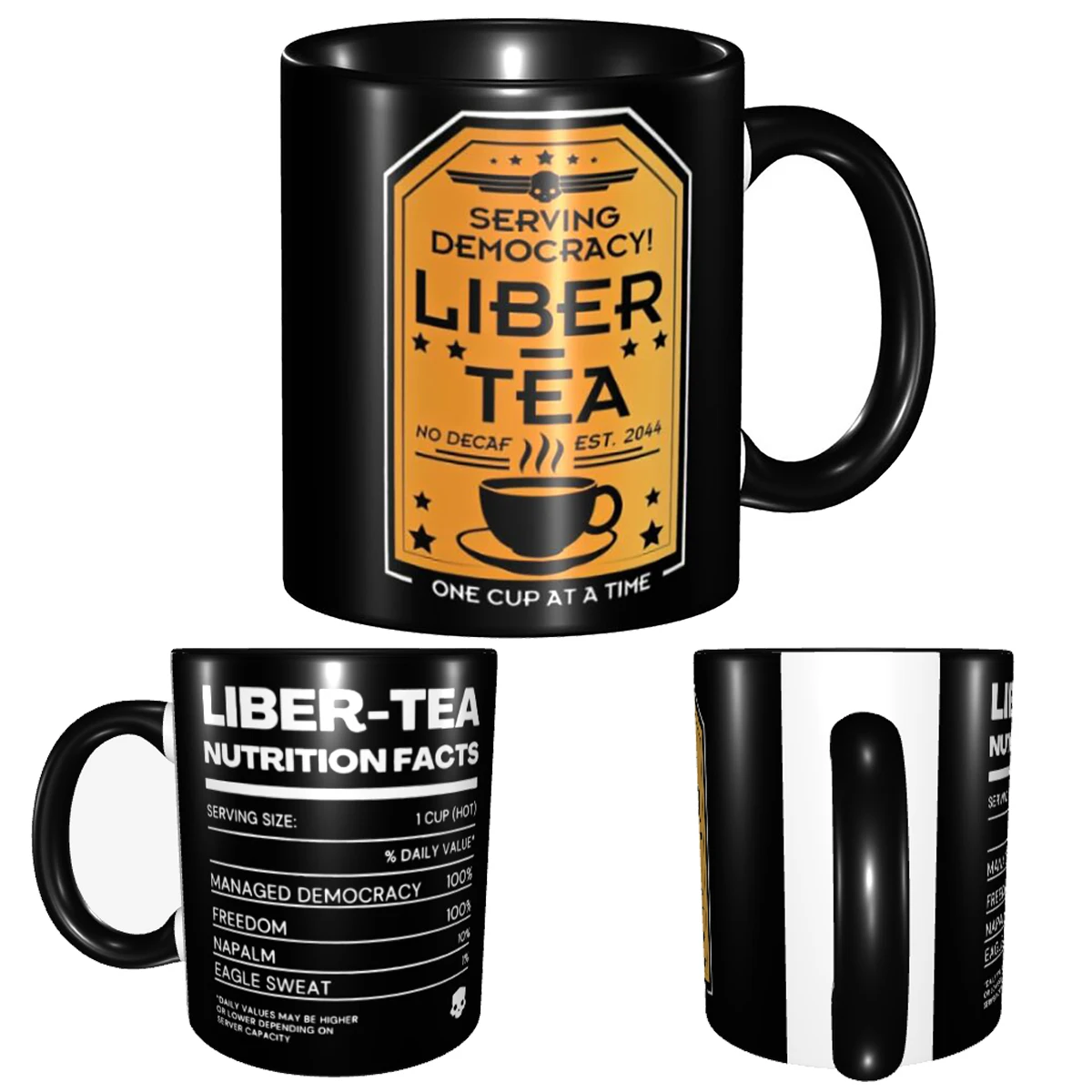 Liber-Tea Helldivers 2 Mugs Morning Cup Of Liber-Tea Merch Helldivers Taste Democracy Black Mug