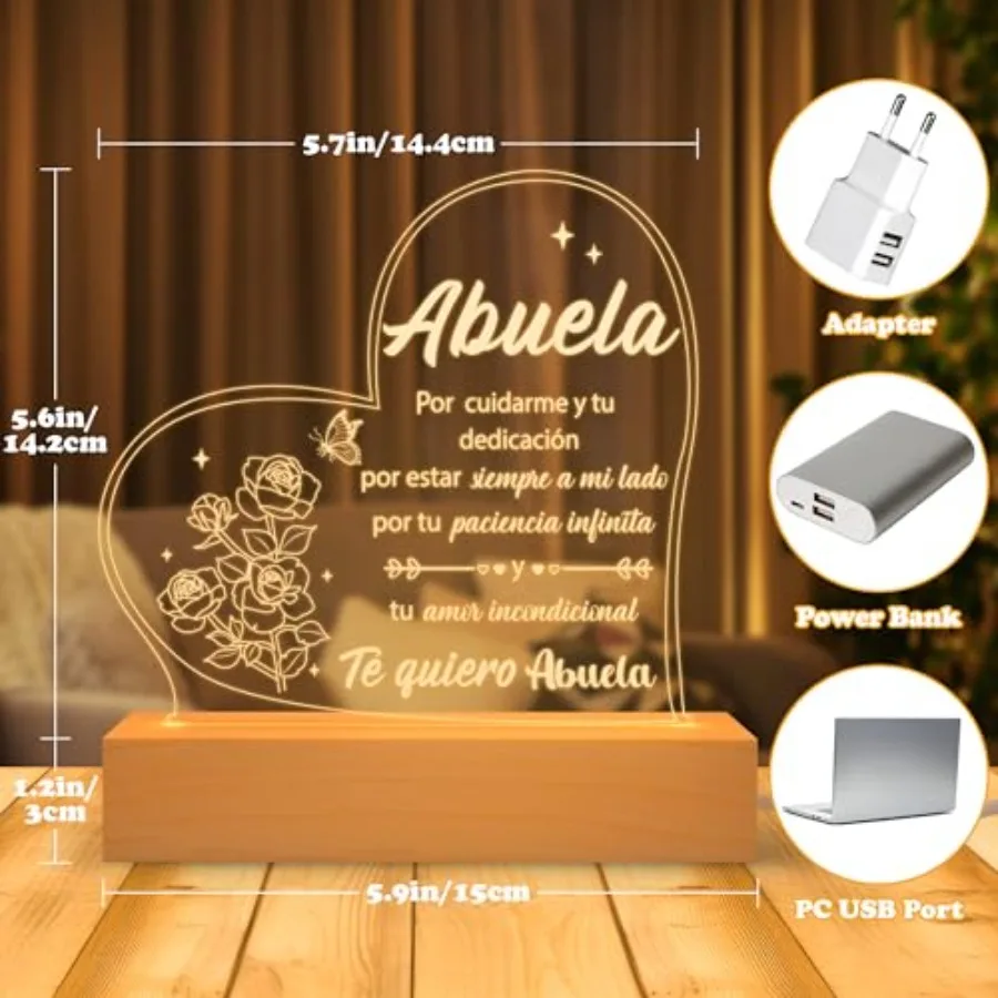 Spanish Birthday Gift - Regalos para Abuela Engraved Acrylic USB Low Power Night Light with Stand Mothers Day Gifts for in Span