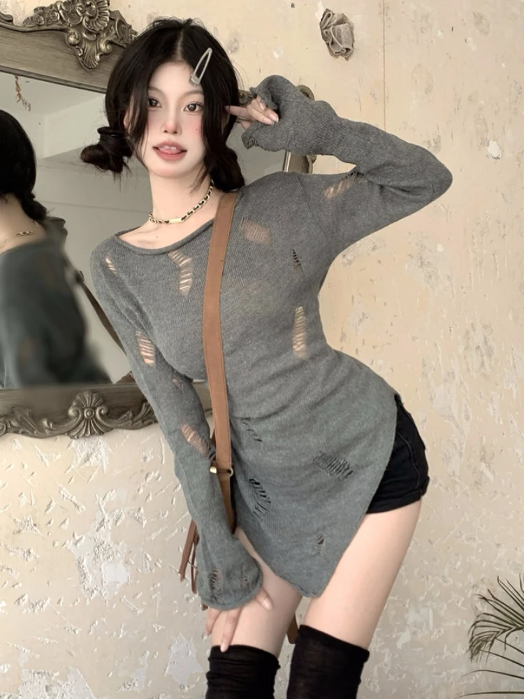 

Пуловеры с отверстиями, женская уличная одежда с длинными рукавами, Harajuku, однотонные элегантные свитера, солнцезащитная трикотажная одежда Y2k, тянущая Femme, сексуальный клуб