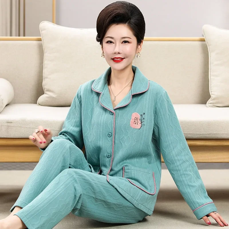 

2024 New Autumn Winter Air Cotton Sandwich Pajamas Women Cotton Long-sleeved Sleepwear Middle-aged Homewear Padded Warm Suit