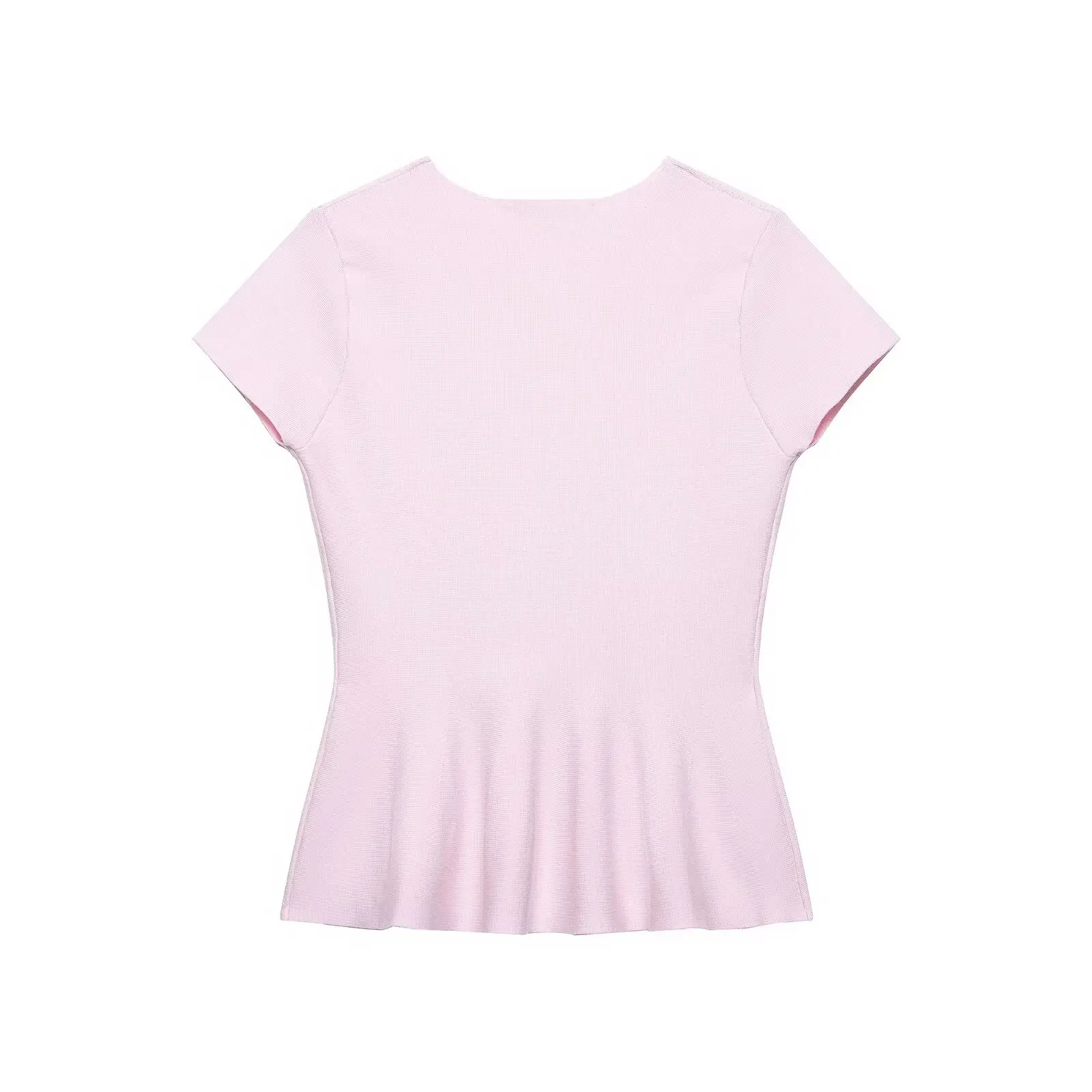 CHIC Women Pink Collarless O neck Knitted Short Sleeve Sweater Pullovers Knitwear All Match Swing Hem Knitting Tops Jumper