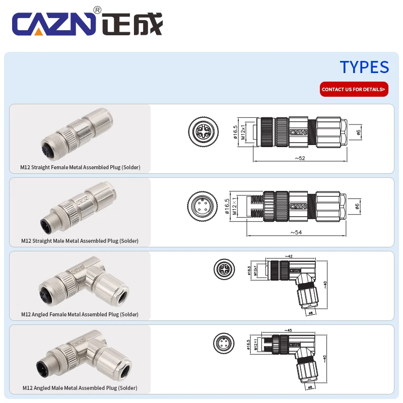 M12 Metal Female Connectors Waterproof IP67 A/B/D Code Solder PG7/PG9 Male Plug For Robotic Automation
