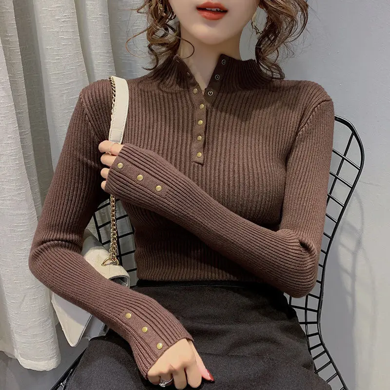 Women Autumn Winter Fashion Slim Solid Color Mock Neck Long Sleeve Knitwear Ladies Office Lady Knitting Bottoming Shirt Robe