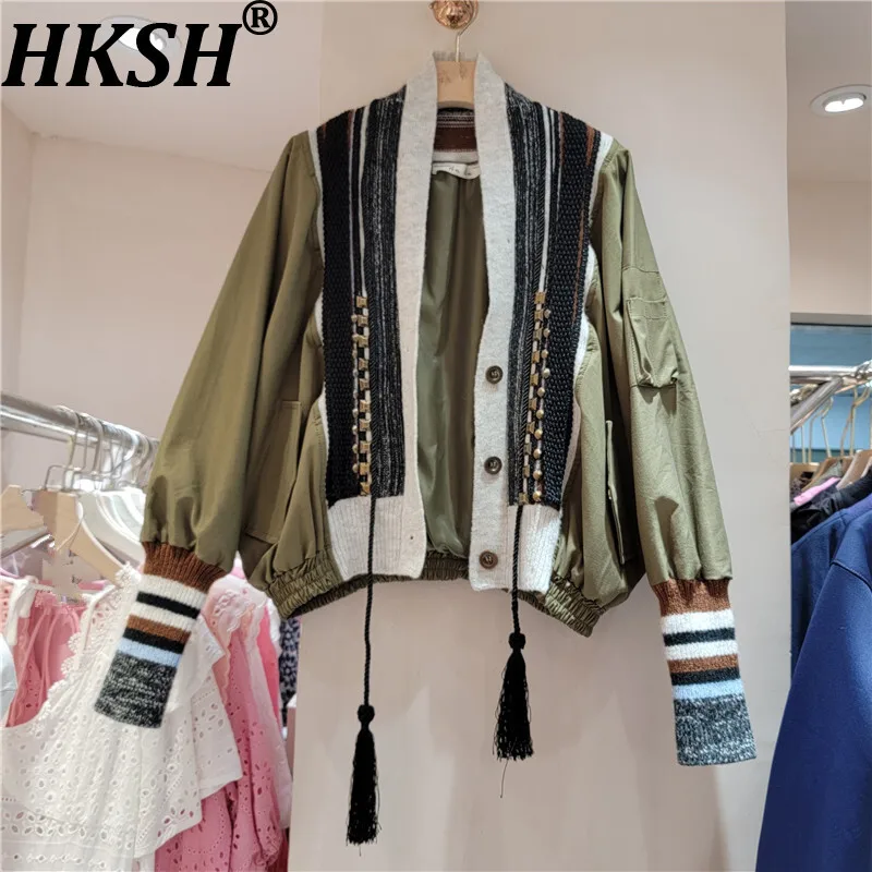 

HKSH осенняя новая женская куртка с заклепками, украшенная контрастным цветом, лоскутный дизайн с кисточками, однобортное пальто в стиле Харадзюку HK10501