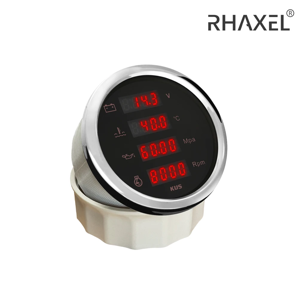 

KUS 85mm Car Digital 4in1 Multi-Function 8000RPM Tachometer Water Temp Oil Pressure 0-1Mpa Voltmeter Red Yellow Backlight 9-32V