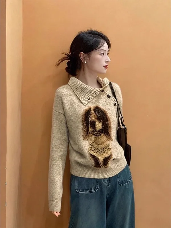 Chic Khaki Dog Collar Pullover Knitted Sweater Women's Autumn Winter Loose Lazy Sle Outerwear Fem Faion Casual Top