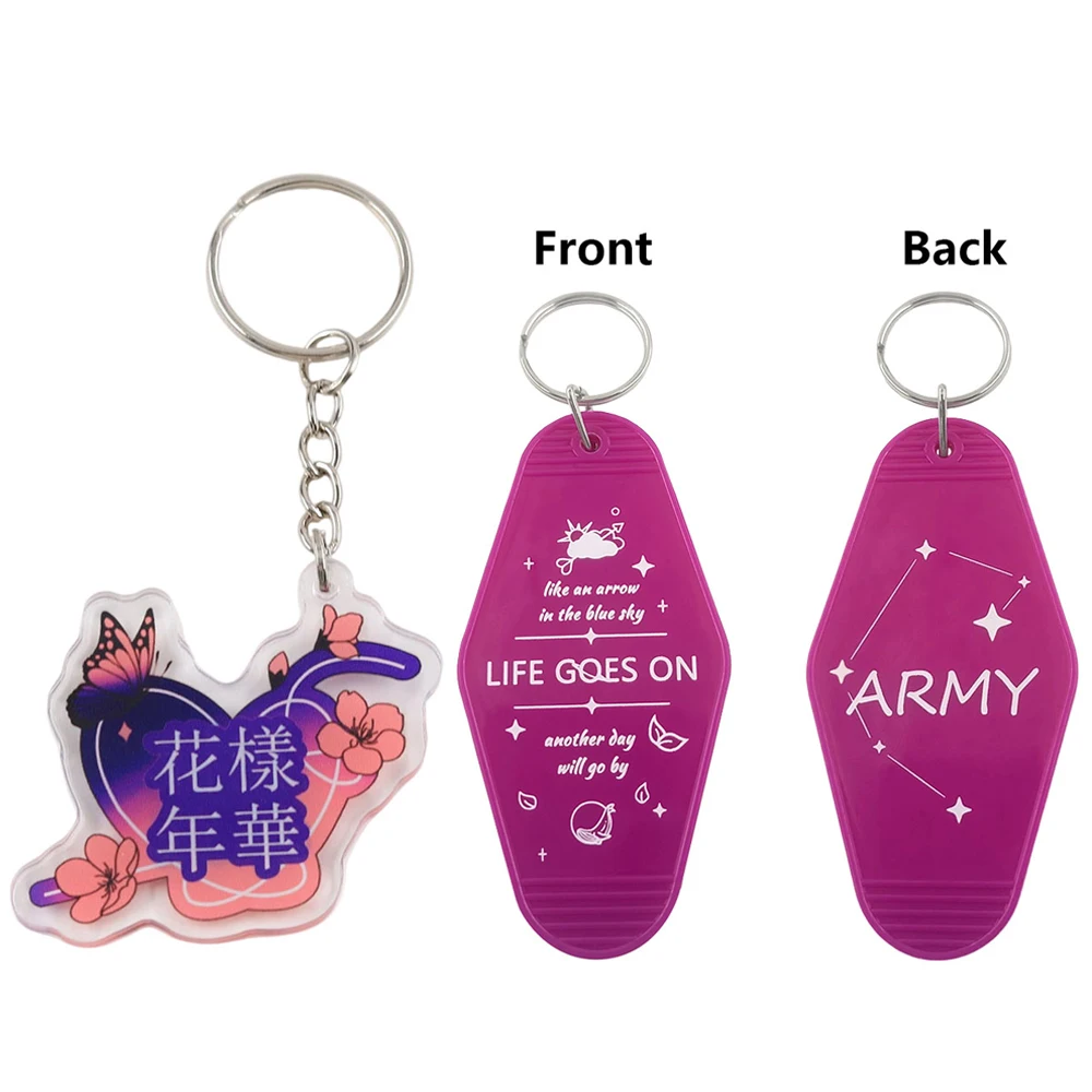 Kpop Enamel Pin Life Goes On Keychain Set HYYH Flower Motto ARMY Badge Vintage Hotel Key Tag Purple Butterfly Brooch Fans Gift