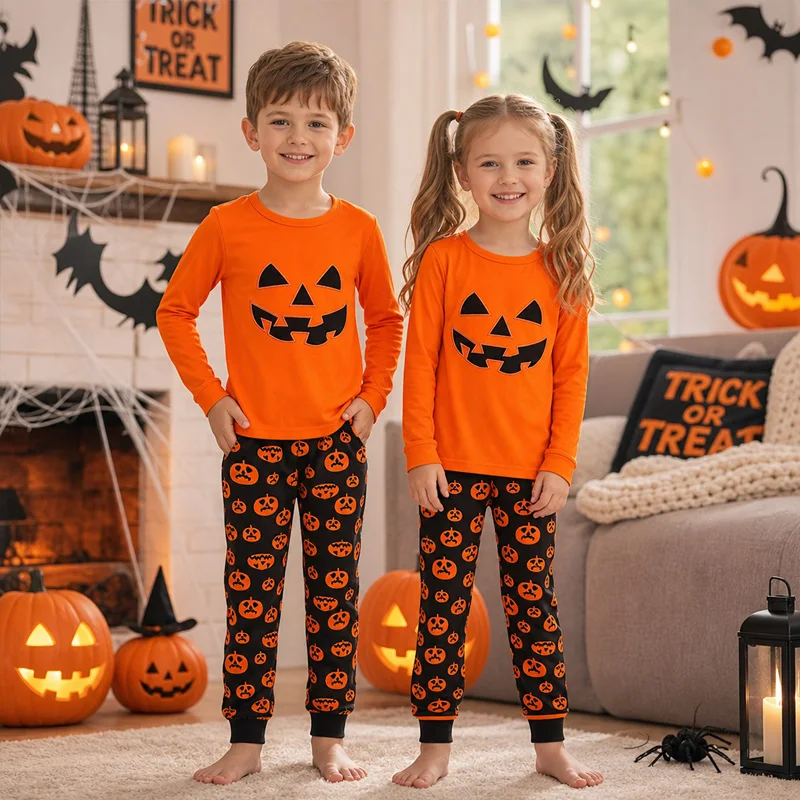 Little Hand Toddler Boys Girls Halloween Sleepwear Pumpkin Print Graphic Long Sleeve Top+Pants Casual Cotton 2pcs Pjs Sets 2-7T