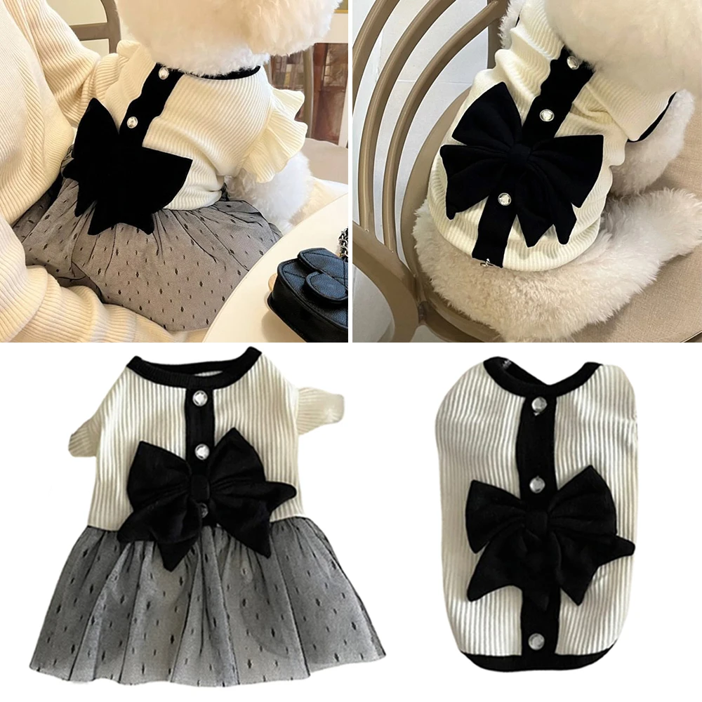 Black White Bow-Knot Dog Dress Pet Outfit With Large Bow Cotton Pullover Puppy T-Shirt Dog Clothes Cat Vest Couple Pet Dress