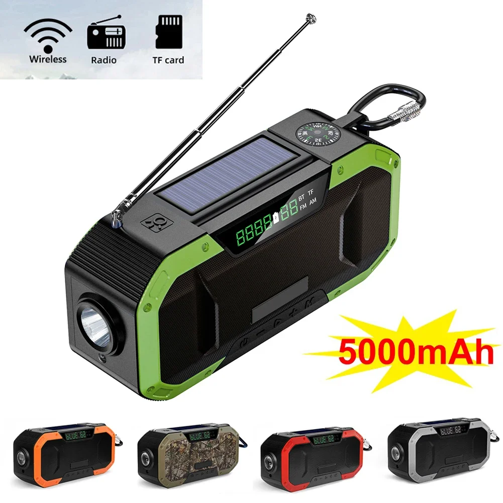 Portable Bluetooth Speaker Hand Crank Solar Radio AM/FM Emergency Radio LED Power Display Flashlight IPX5 Waterproof Power Bank