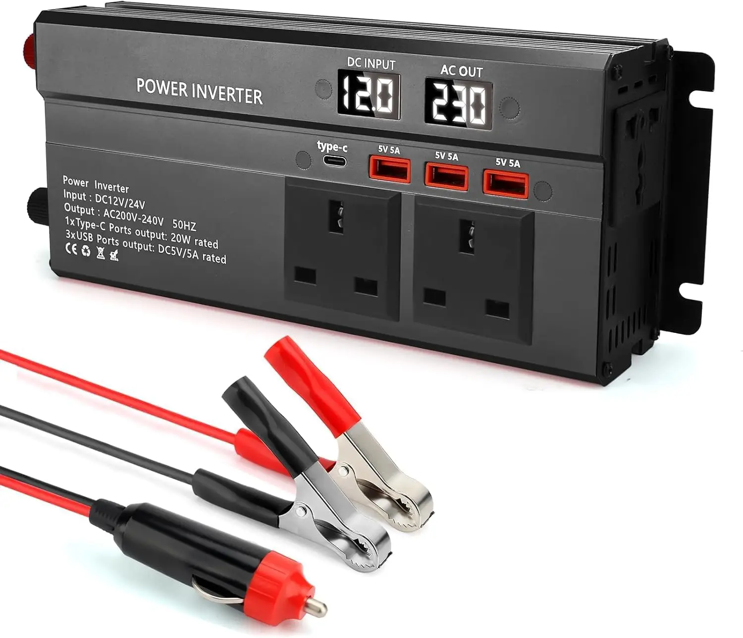 

Car Power Inverter 1200W, DC 12V/24V to 200V-240V AC, with 3 Sockets, 3 USB, 1 Type-C, Dual LED Display, Emergency Power Supply