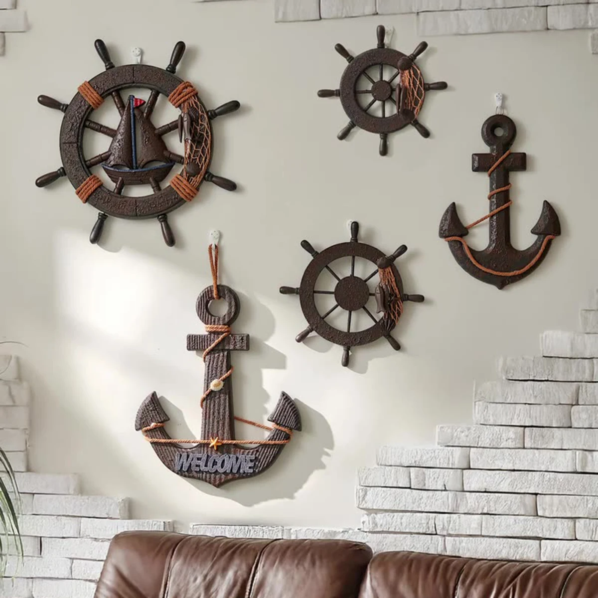 1pc Nautical Wall Decor – Rustic Anchor & Ship Wheel Hanging Ornaments with Rope Accents for Coastal Themed Home, Beach Cottage
