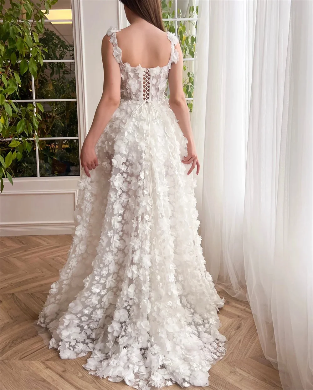 Kyoto Beige 3D Flowers Lace-up Back Wedding Dress A-line Floor-length vestidos de novia Customized Side Slit Evening Dresses image 2