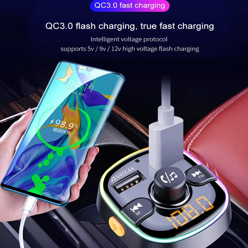 블루투스 호환 5.0 FM 송신기 무선 핸즈프리 자동차 MP3 플레이어 차량용 키트 FM 변조기 듀얼 USB 충전기 RGB 라이트