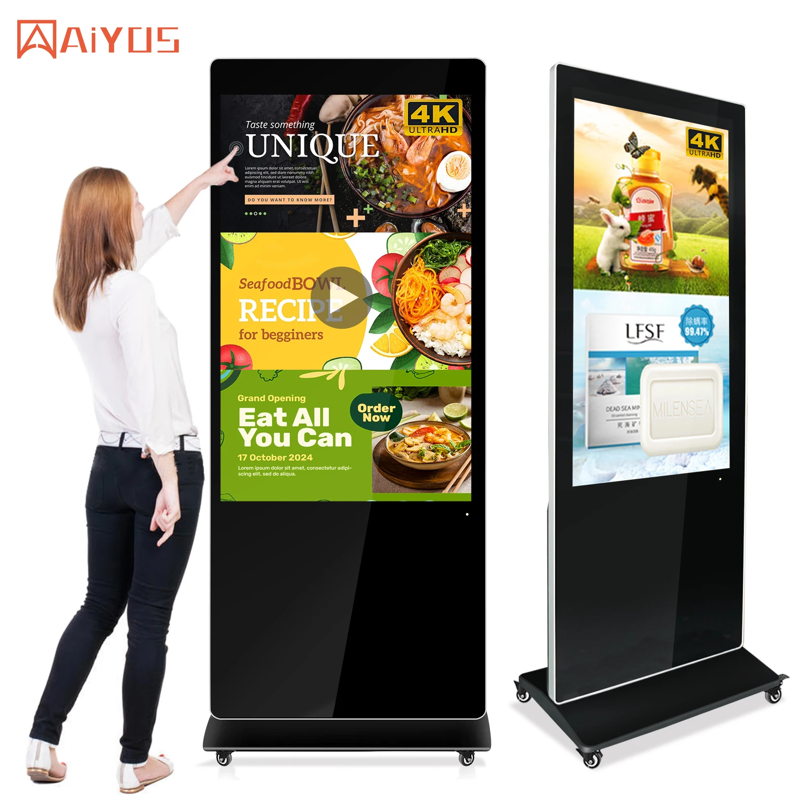Aiyos 55 Inch Floor Stand LCD Display Touch Screen Indoor Android Advertising Display TV Digital Signage Totem Kiosk