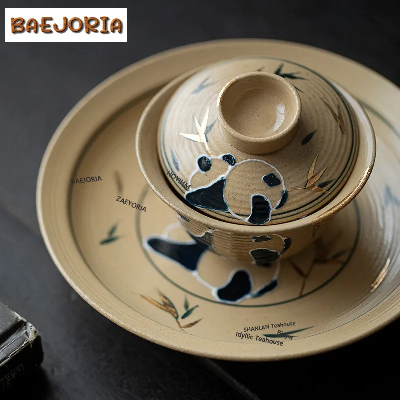 BAEJORIA 90ml Hand Drawn Cute Panda Bamboo Gaiwan Aesthetic Tea Tureen Small Tea Bowl With Lid Kit Tea Maker Cover Bowl Craft