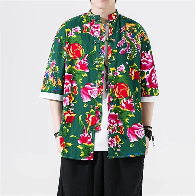 2024 Mens Chinese Style Shirts Northeast Large Flower Short Sleeved Floral Shirt Fashion Casual Buckle Stand Collar Retro Shirts