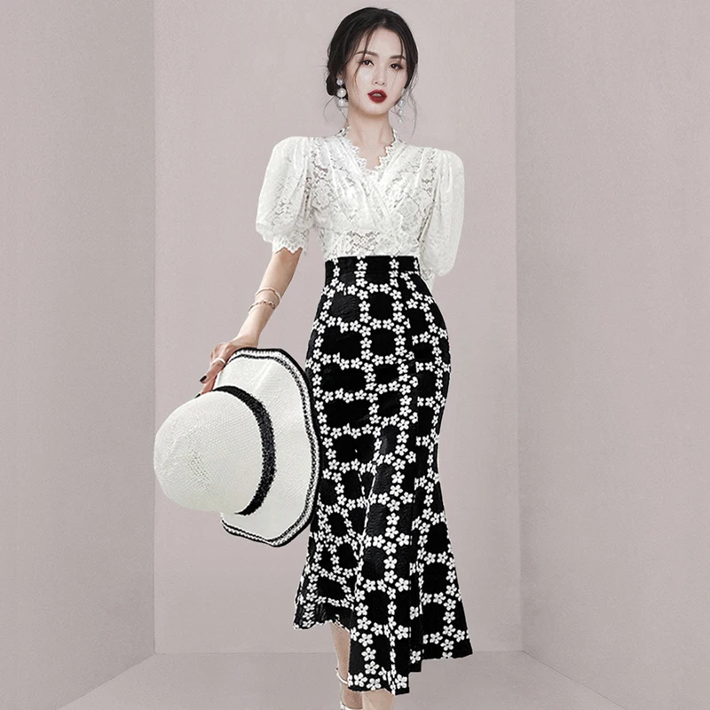 

Elegant Women V Neck Lace Two Piece Set New Summer White Puff Sleeve Hollow Out Tops + Flowers Print Long Mermaid Skirt Suits