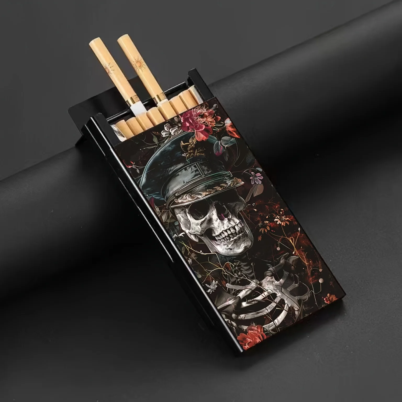 Aluminum street-style cigarette case with a fine skull design-perfect for slender cigarettes,gift for smoking enthusiasts