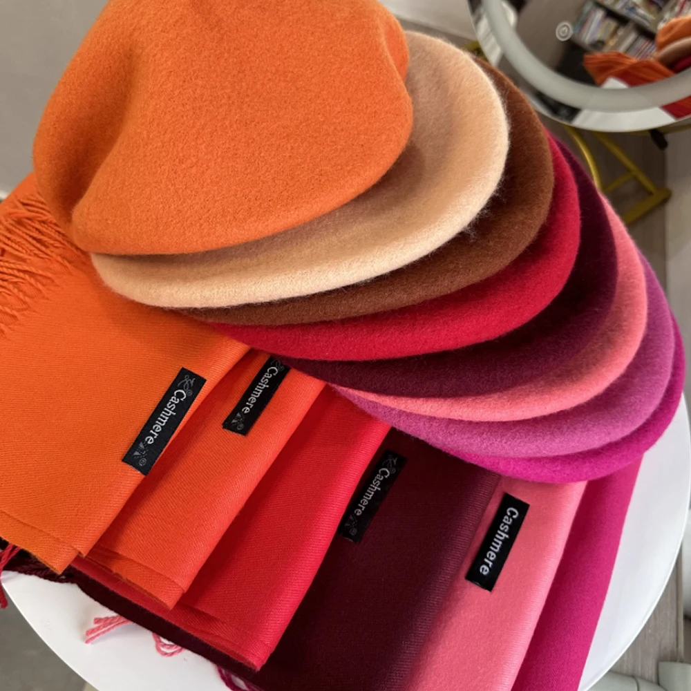 Wool Beret Orange~Star Style Wool Beret Korean Women's Autumn/Winter Cashmere Scarf Set British Belle Painter Hat크리스마스 모자 view 2