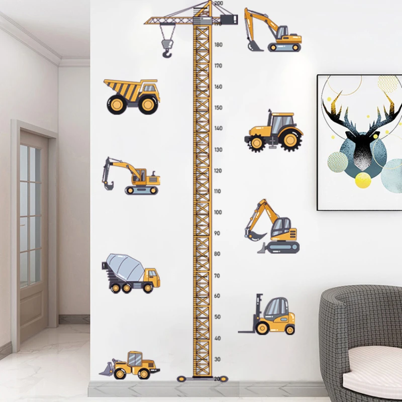 Height Stickers Construction Vehicle Tower Crane for Kids Room Kindergarten Baby Measuring Height Ruler Wall Stickers Boys Gift