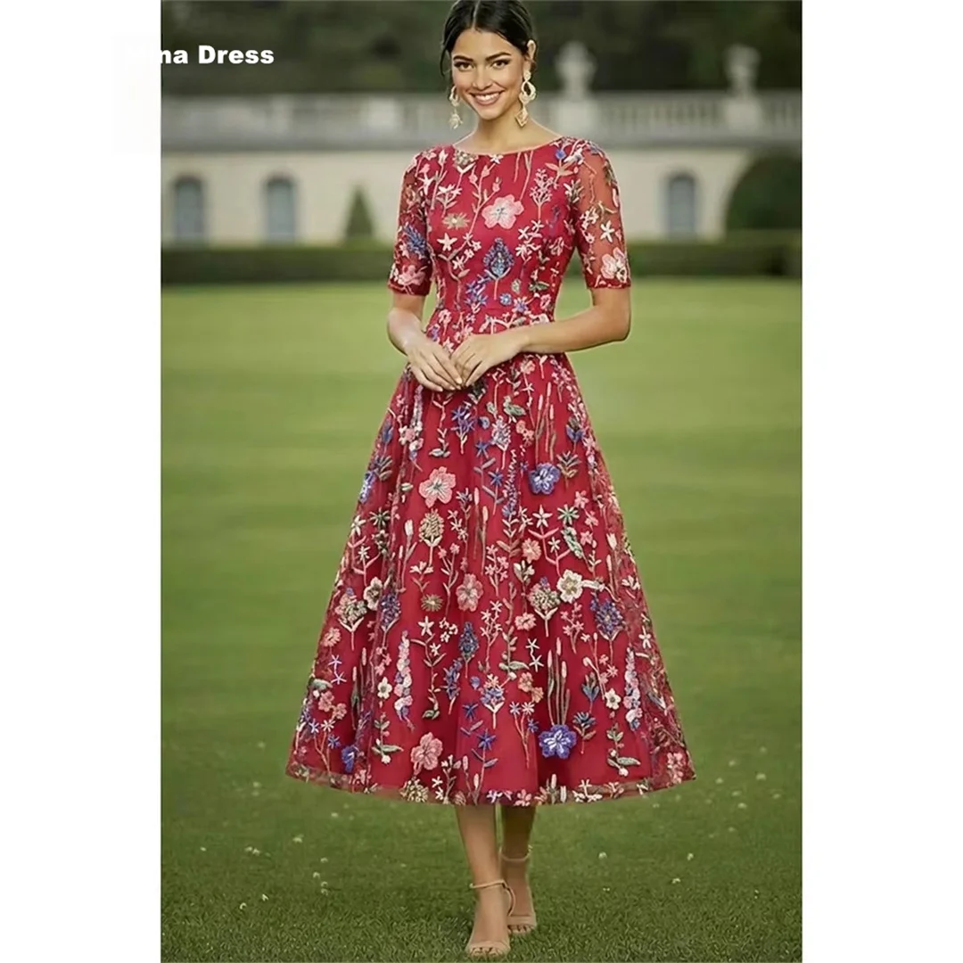 

Mina Customized Multi-color Three-dimensional Embroidery Prom Dresses 2026 Luxury Party Dress Round Neck Women's Evening Dress