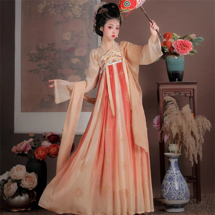 Fantasia de dança hanfu feminina, roupas elegantes, dinastia Tang, fada, delicadeza, estampada, estilo chinês, nova moda, 2024