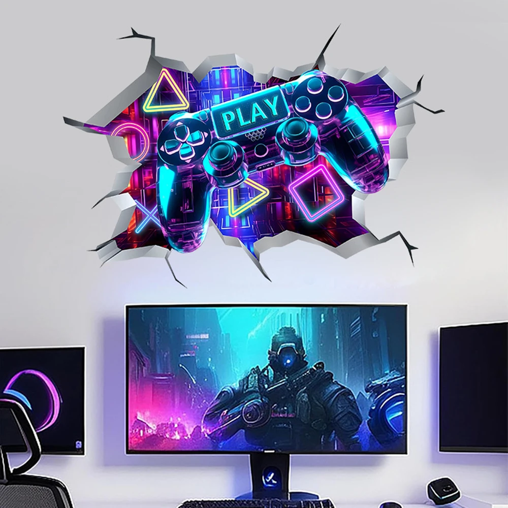 3D Broken Hole Art Game Controller Wall Stickers Neon Gaming Vinyl Decals Removable Mural for Teen Boys Gamer Bedroom Home Decor