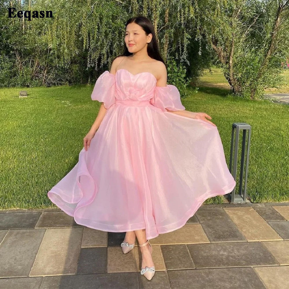 

Bafftafe Pink Organza Korea Prom Dresses Removable Short Sleeves Homecoming Dress Formal Occasion Evening Graduation Party Gowns