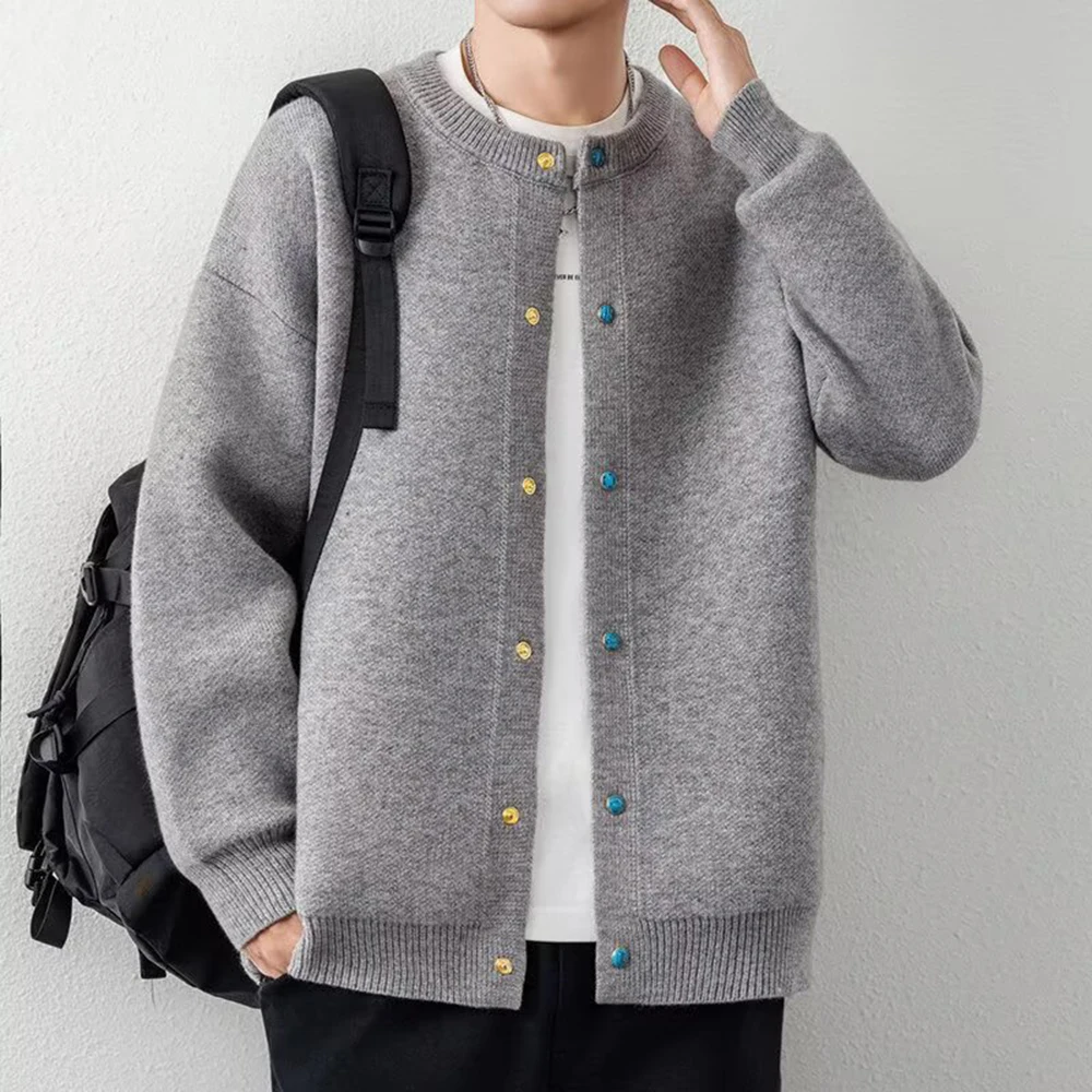 

Мужской вязаный свитер, осень-зима, корейский стиль, однобортный теплый кардиган с круглым вырезом, однотонные повседневные универсальные топы