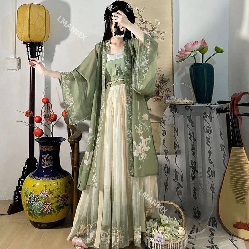 Vestido chinês bordado de moda Hanfu, Chá verde vestido fluindo, Mulheres antigas, Tiro Graduat, 3Pcs Set