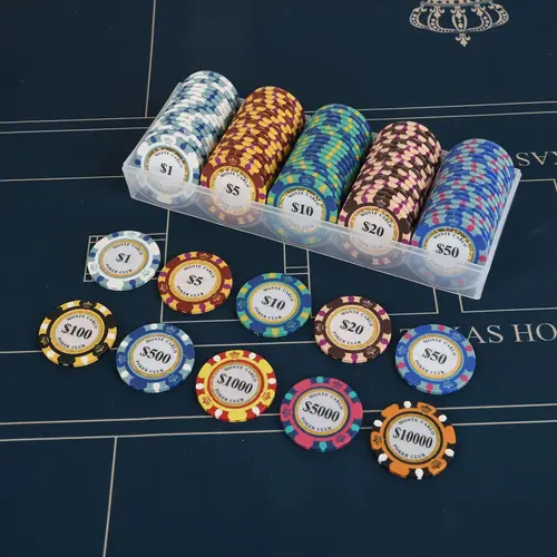 25 fichas de póquer Texas Hold'em 39mm corona tricolor etiqueta dorada moneda 14g Chip de arcilla con contenido de juego de mesa de aluminio de hierro