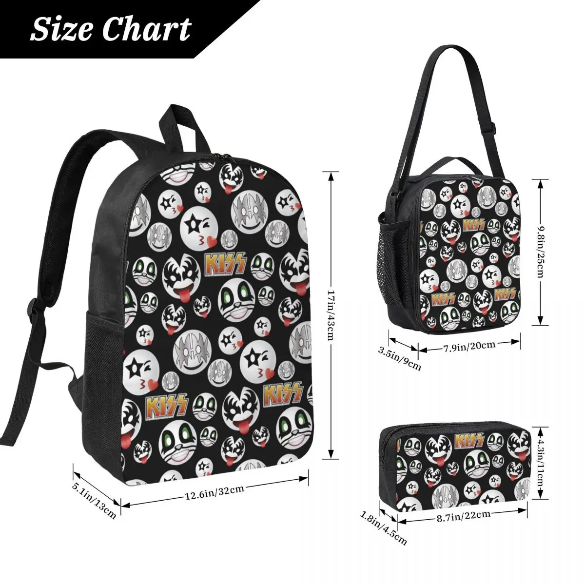 3Pcs Kiss Band Face Accessories Backpack Set for Boy Girl Pen Bags Bookbag Sets with Lunch Box For School Students Knapsack