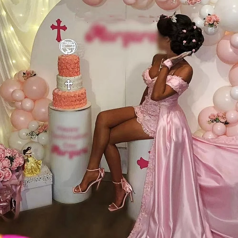 

Mini Short Pink Satin Cocktail Dress Sheath Cocktail Gown Off The Shoulder Appliques Party Gown Sleeveless Prom Dress With Train