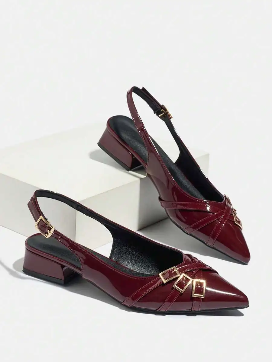

Pointed Toe Block Heel Slingback Pumps With Buckle Decor Wine Red Patent Leather