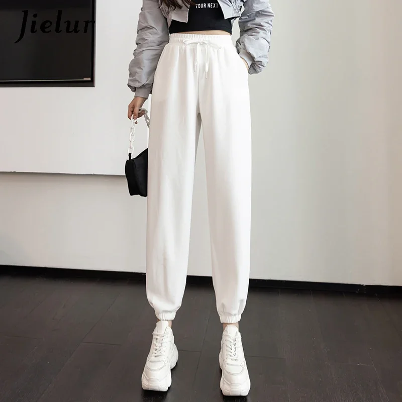 Jielur Black Sweatpants Female New Spring Autumn White Streetwear Loose Harem Pants Solid Color Casual Drawstring Trousers S-XXL